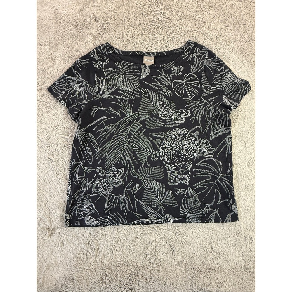Chico's Women's Black Floral Leaf Jaguar Print Crew Neck Knit Top Size 3